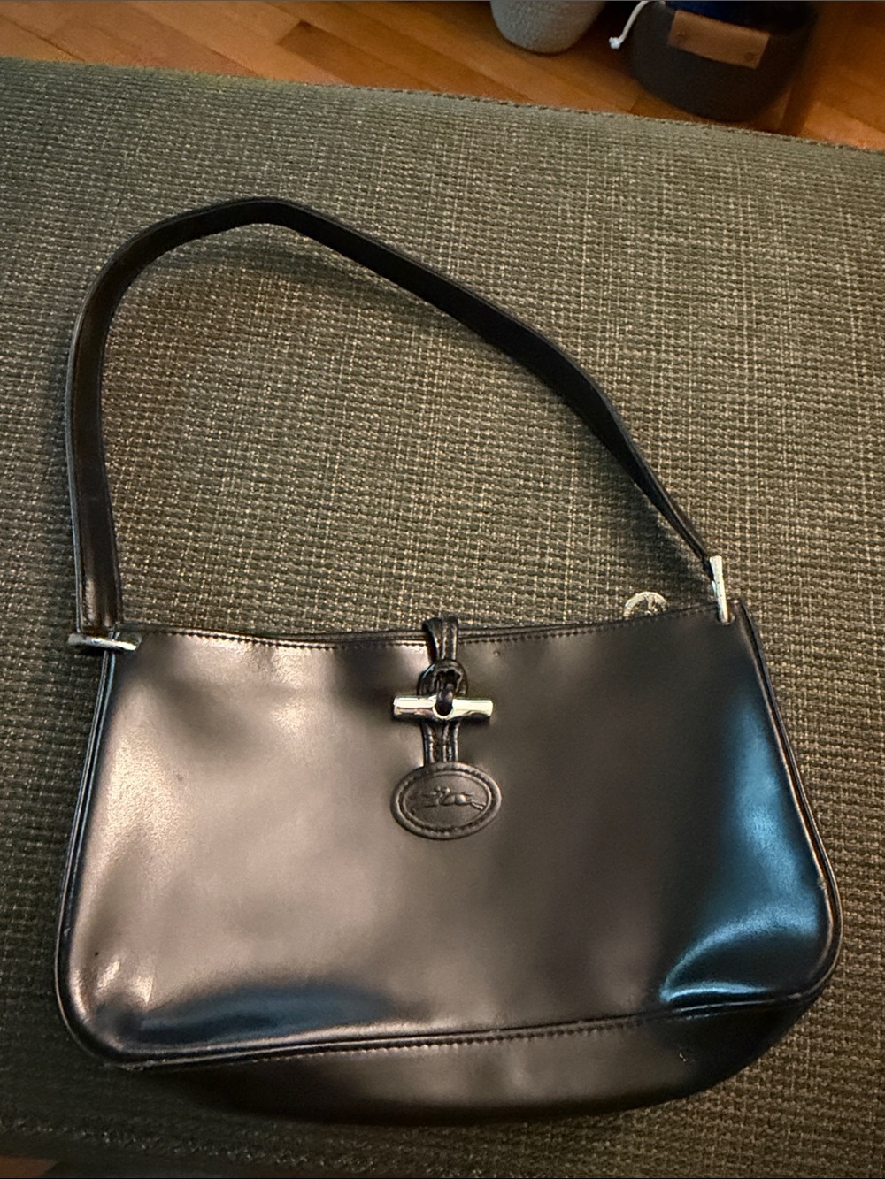 Longchamp Black Leather Shoulder Bag with Silver Bar Accent